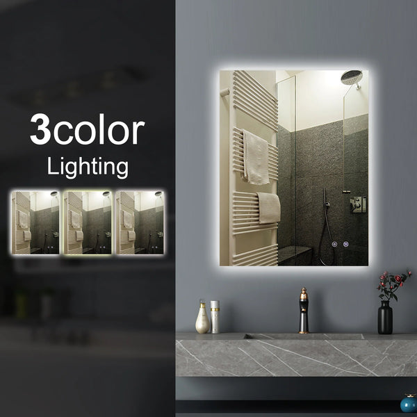 T-WB6075 600X750MM RECTANGLE 3 COLOR LIGHTING LED MIRROR TOUCH SENSOR SWITCH DEFOGGER PAD WALL MOUNTED VERTICAL OR HORIZONTAL