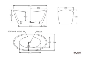 BTL1500 LYON Freestanding Bathtub 1500x750x680MM