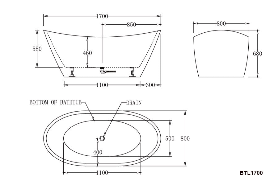 BTL1700 LYON Freestanding Bathtub 1700x780x680MM