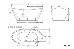 BTL1700 LYON Freestanding Bathtub 1700x780x680MM