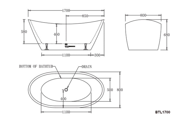 BTL1700 LYON Freestanding Bathtub 1700x780x680MM