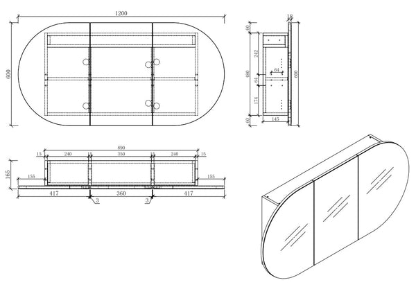 MIRO MILAN120 MILAN Mirror Shaving Cabinet 1200x600x165mm