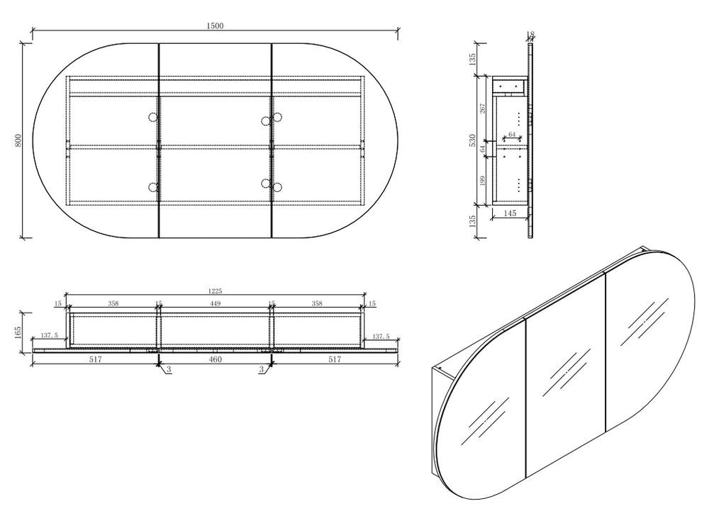 MIRO MILAN150 MILAN Mirror Shaving Cabinet 1500x800x165mm