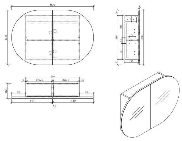 MIRO MILAN90 MILAN Mirror Shaving Cabinet 900x600x165mm