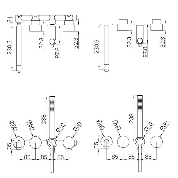 Nero Showers KARA PROGRESSIVE SHOWER SYSTEM SEPARATE PLATE WITH SPOUT 230/250MM BRUSHED GOLD