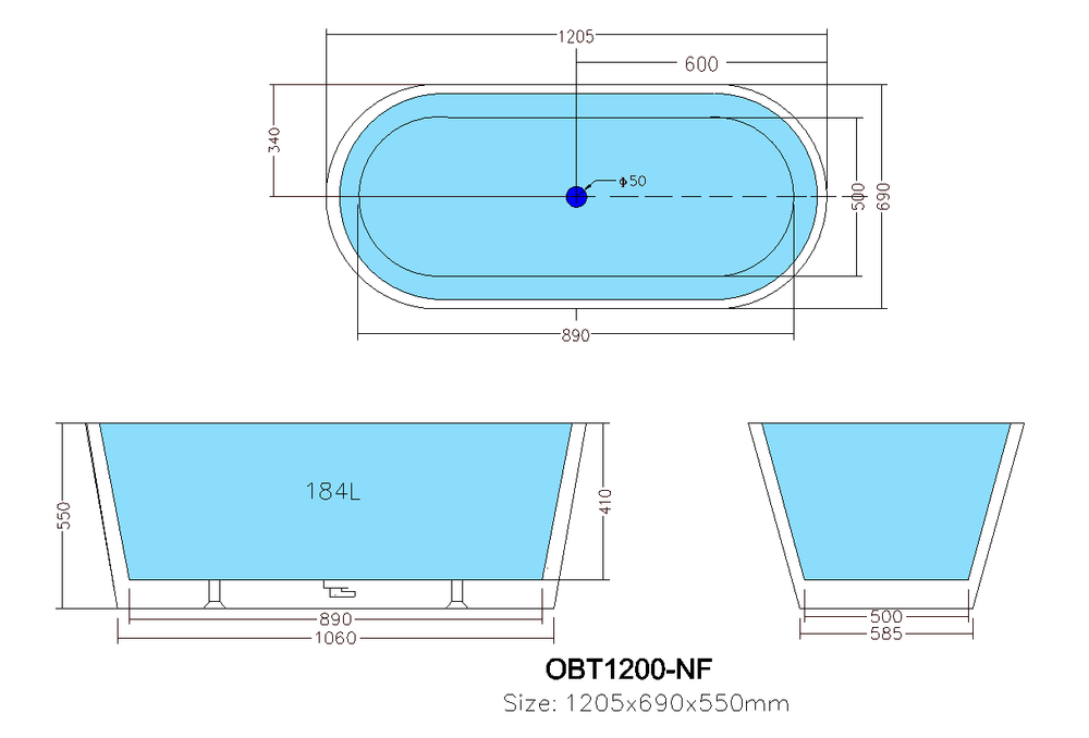 Ovia OBT1200 Free Standing Bathtub Non Oveflow 1200*710*550mm