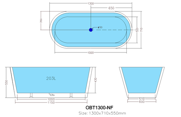 Ovia OBT1300-OF Free Standing Bathtub with Overflow 1300*710*550mm