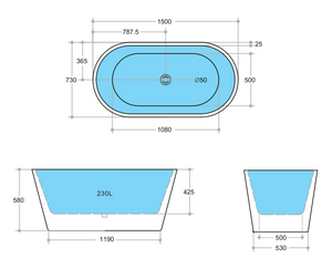 Ovia OBT1500 Free Standing Bathtub Non Oveflow 1500*730*580mm