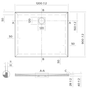 Oceano Showers Stonelite™ Profile PD1290RHR 1200X900MM Rear Outlet, 2 Tile Flange Right Hand