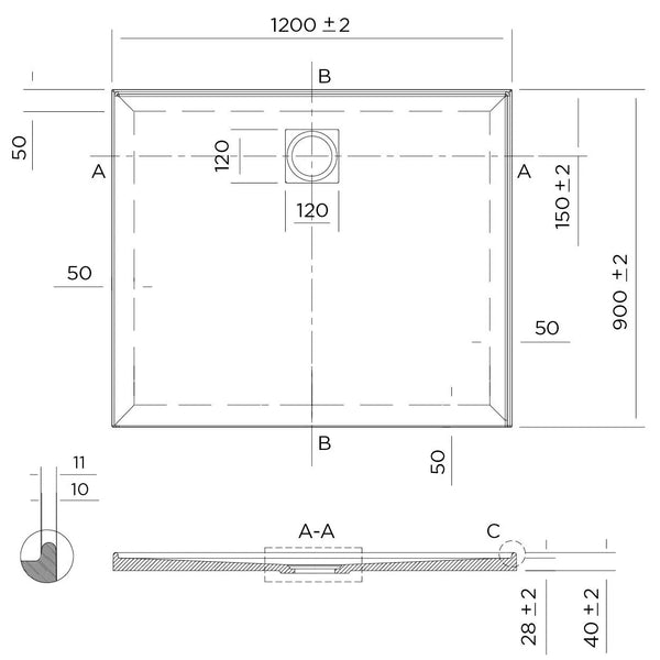 Oceano Showers Stonelite™ Profile PD1290RHR 1200X900MM Rear Outlet, 2 Tile Flange Right Hand