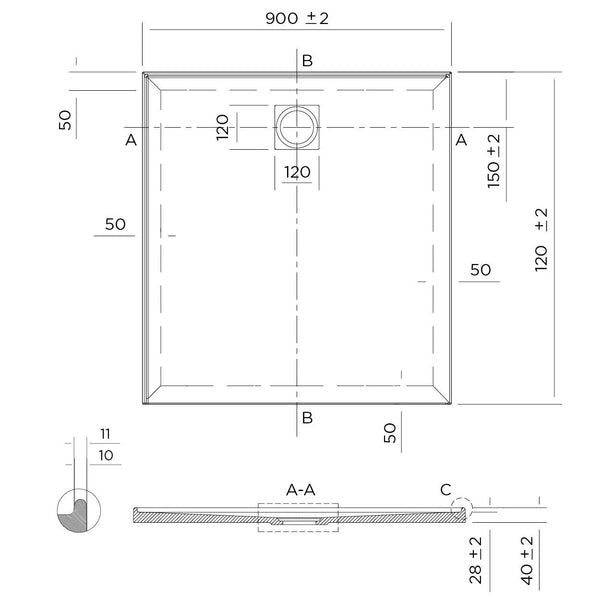Stonelite™ Profile PD9012LHR 900X1200MM Rear Outlet, 2 Tile Flange Left Hand