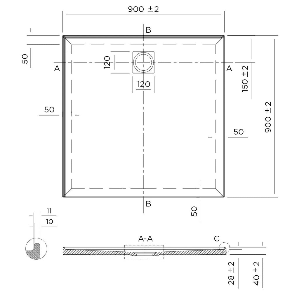 Stonelite™ Profile PD900LHR 900X900MM Rear Outlet, 2 Tile Flange Left Hand