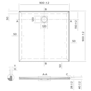 Oceano Showers Stonelite™ Profile PD900RHR 900X900MM Rear Outlet, 2 Tile Flange Right Hand