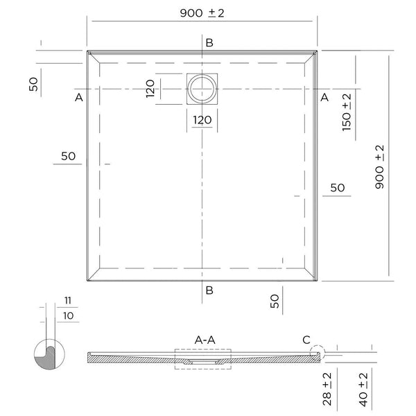 Oceano Showers Stonelite™ Profile PD900RHR 900X900MM Rear Outlet, 2 Tile Flange Right Hand