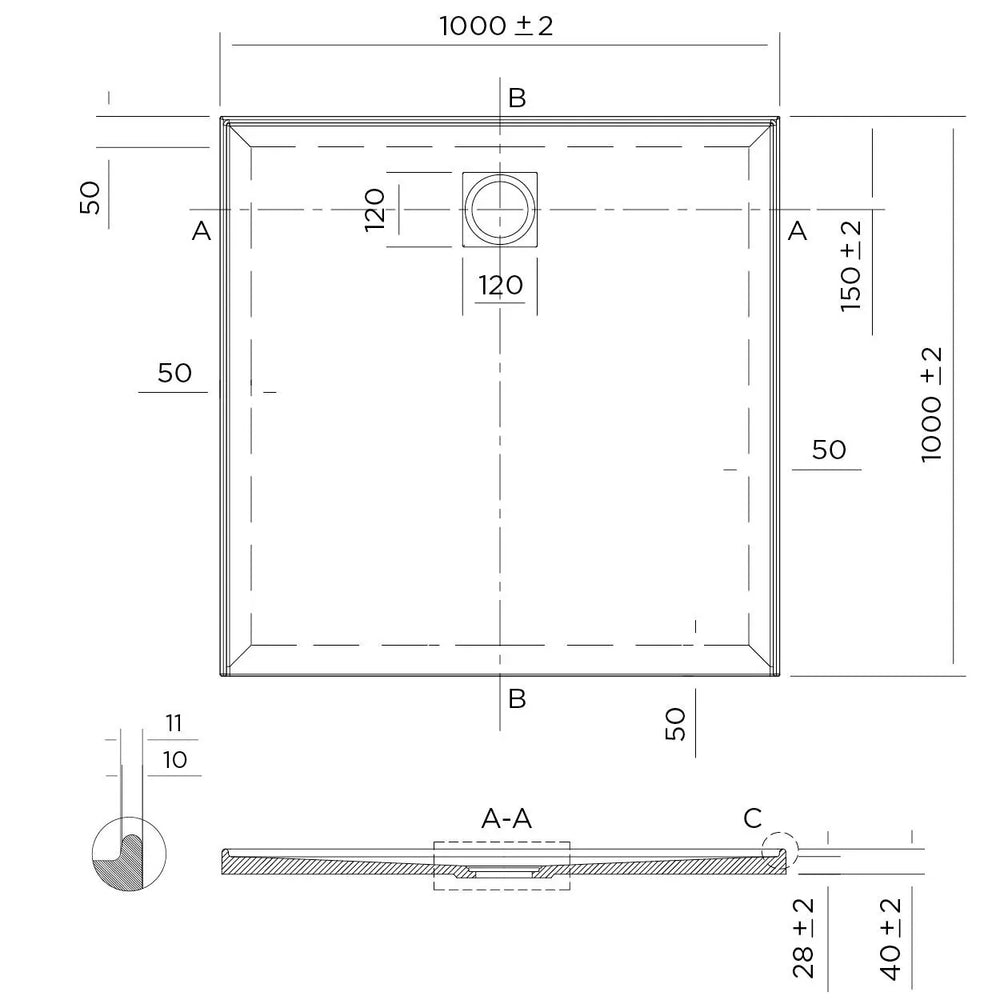 Stonelite™ Profile PD1000R 1000X1000MM Rear Outlet, 3 Tile Flange