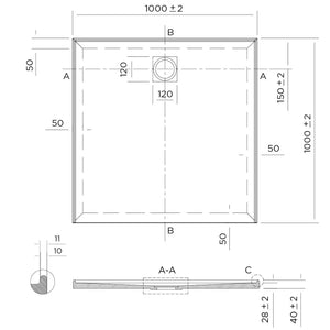 Oceano Showers Stonelite™ Profile PD1000R 1000X1000MM Rear Outlet, 3 Tile Flange