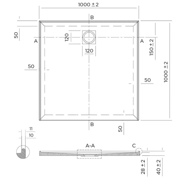Oceano Showers Stonelite™ Profile PD1000R 1000X1000MM Rear Outlet, 3 Tile Flange