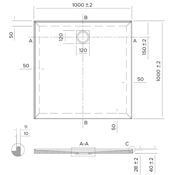 Oceano Showers Stonelite™ Profile PD1000LHR 1000X1000MM Rear Outlet, 2 Tile Flange Left Hand