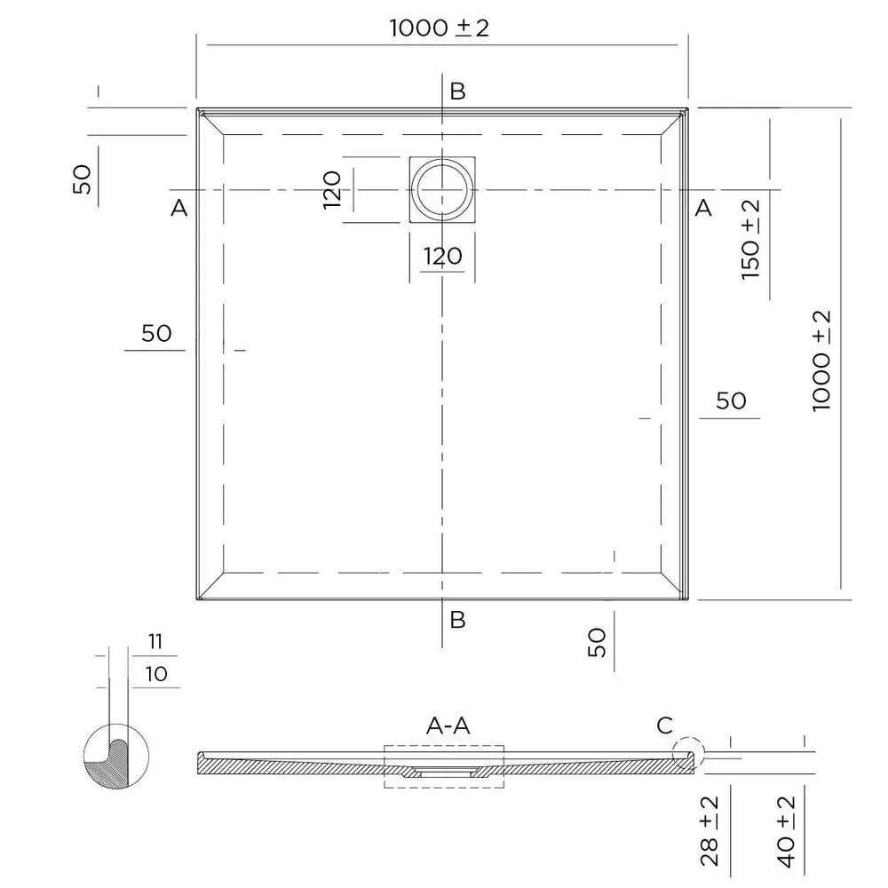 Stonelite™ Profile PD1000RHR 1000X1000MM Rear Outlet, 2 Tile Flange Right Hand