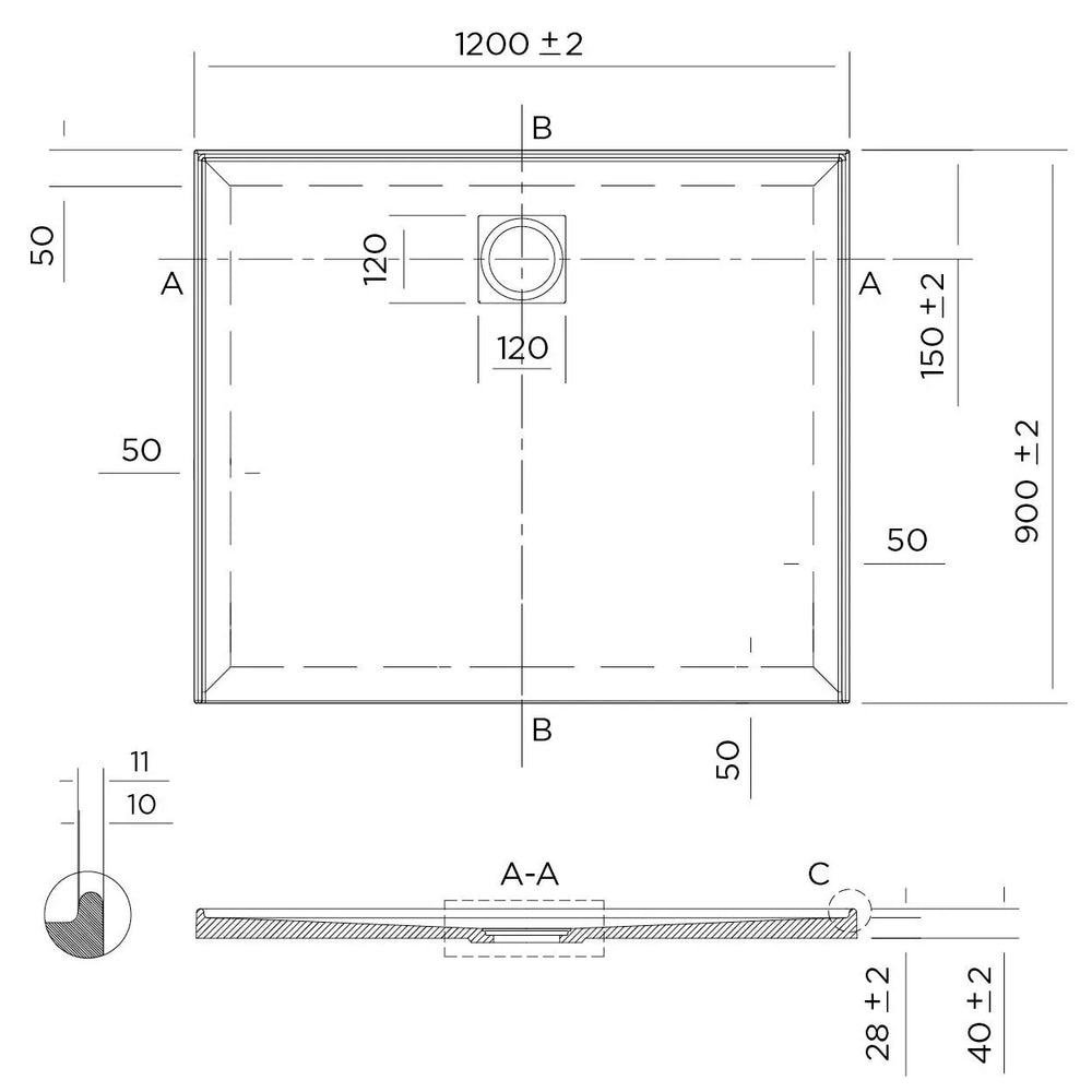 Stonelite™ Profile PD1290R 1200X900MM Rear Outlet, 3 Tile Flange
