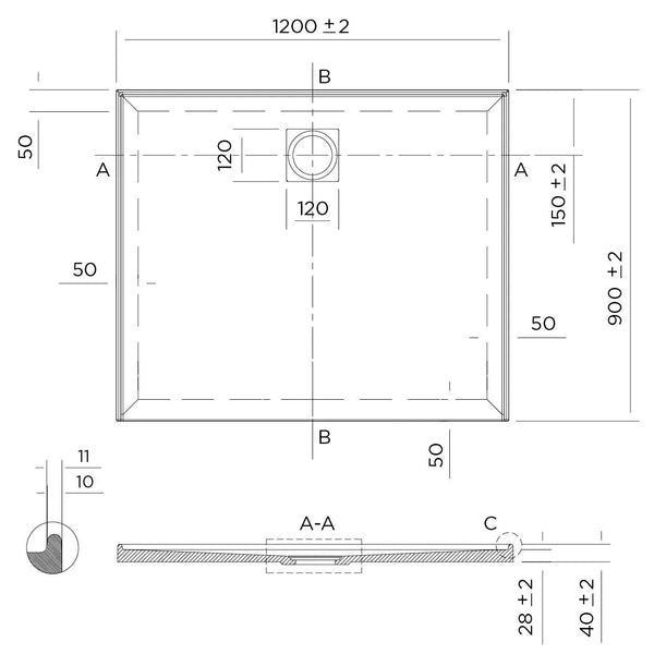 Oceano Showers Stonelite™ Profile PD1290R 1200X900MM Rear Outlet, 3 Tile Flange