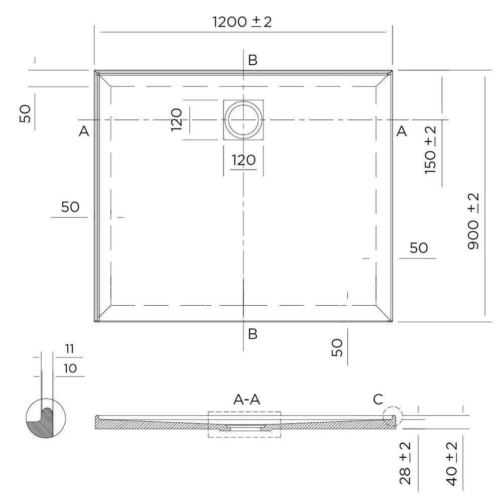 Stonelite™ Profile PD1290LHR 1200X900MM Rear Outlet, 2 Tile Flange Left Hand