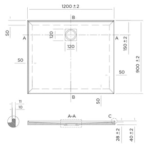 Oceano Showers Stonelite™ Profile PD1290LHR 1200X900MM Rear Outlet, 2 Tile Flange Left Hand