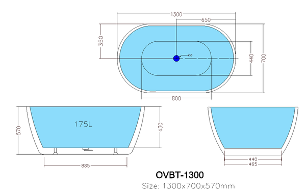 Olivia OVBT1300NF Free Standing Bathtub Non Overflow 1300*700*560mm