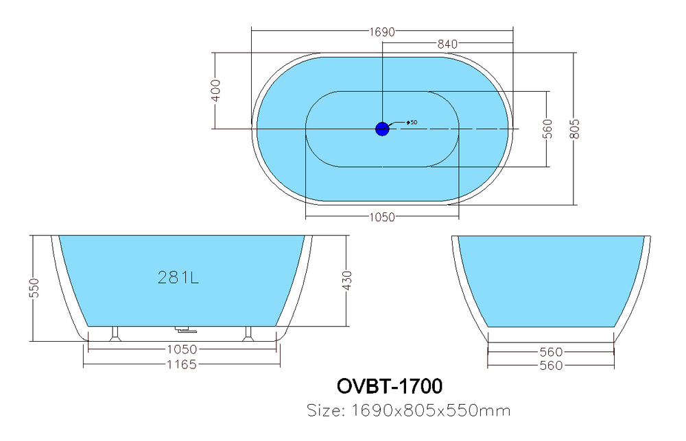 Olivia OVBT1700NF Free Standing Bathtub Non Overflow 1700*795*590mm