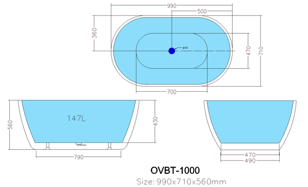 Olivia OVBT1000NF Free Standing Bathtub Non Overflow 1000*700*550mm