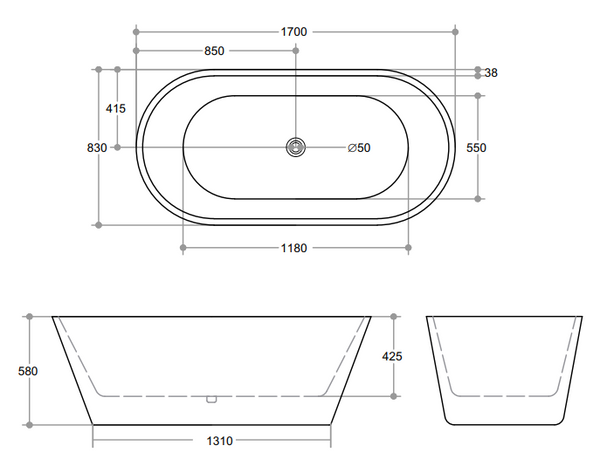 Ovia OBT1700-OF Free Standing Bathtub With Oveflow 1700*830*580mm