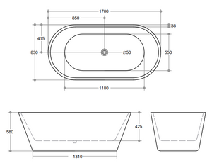 Ovia OBT1700MW MWBT-3-1700 Free Standing Bathtub Matte White Non Overflow 1700*830*580mm