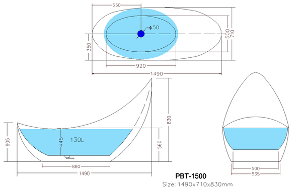Posh PBT1500MW Free Standing Bathtub Non Overflow 1490*710*830mm
