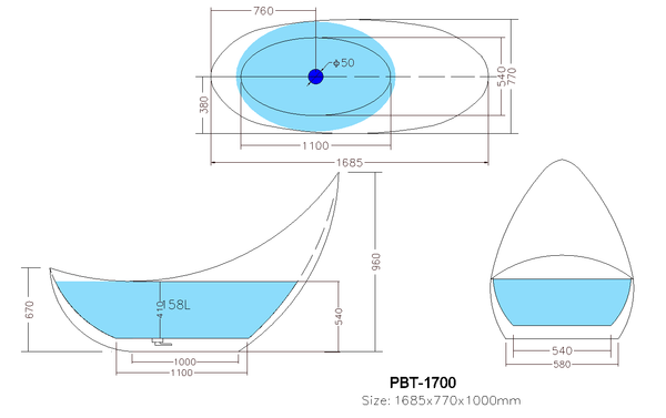 Posh PBT1680MW Free Standing Bathtub Non Overflow 1685*770*1000mm
