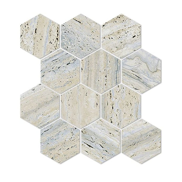 EV Tile PM-EMSVG-HEX85-M Euromarmo Mosaic Travertine Silver Gold Hex. 83×96