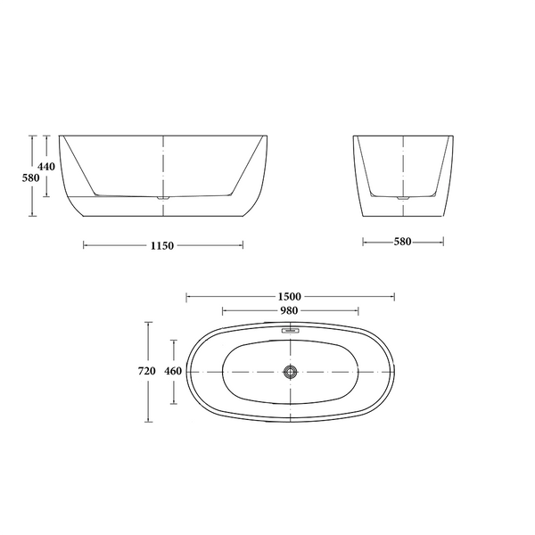 Noveen Bathtubs BTP1500MW Paris Freestanding Bathtub Matt White 1500mm (Long) x 720mm (Wide) x 580mm (Height) (Copy)