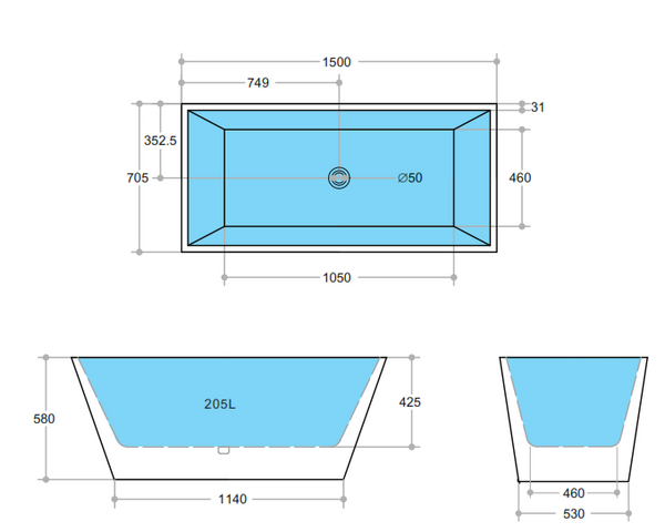 Qubist QBT1500 Free Standing Bathtub Non Overflow 1500*705*580mm