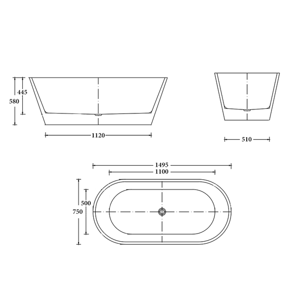 Noveen Bathtubs BTR1500 Rome Freestanding Bathtub 1495mm (Long) x 750mm (Wide) x 580mm (Height)