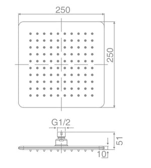 ZENMO Showers SH SQ250 DOCCIA SQ Shower Head, 6mm Thick, Laser Welded (250x250mm)