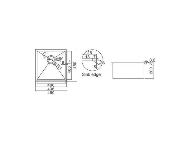 ZENMO Sinks SS 4545R IMPACT COUNTERTOP SINK Capacity: 32L