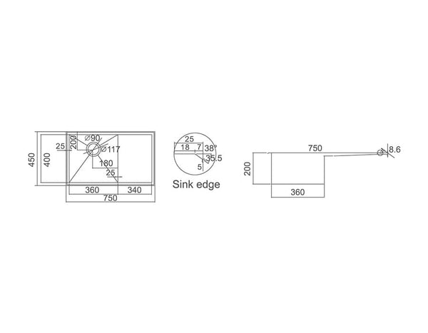 ZENMO Sinks SS 7545R COUNTERTOP SINK ONE BOWL WITH DRAINER