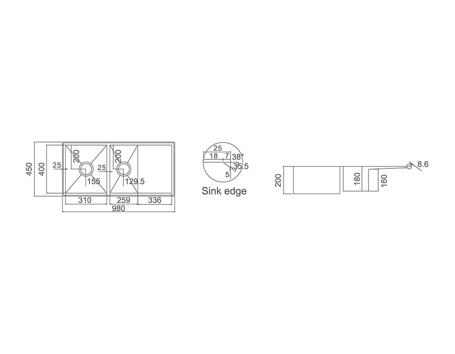 SS 9845R COUNTERTOP SINK ONE AND 3/4 BOWL WITH DRAINER