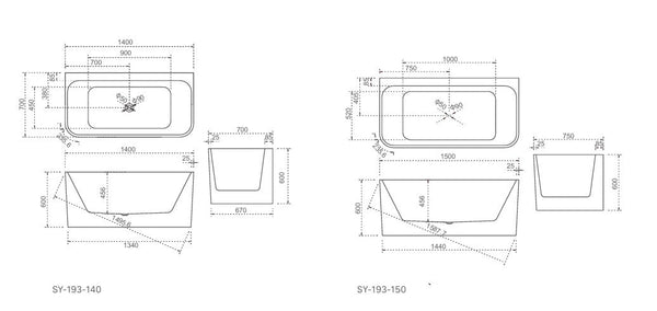 SY-193-150 Helix Collection Back To Wall Bathtub 1500mm (Long) x 750mm (Wide) x 600mm (Height)