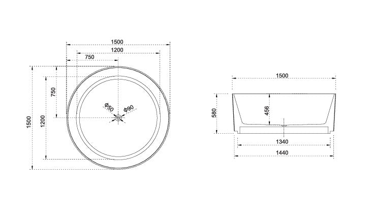 SY-999-150 Arcadia Collection Round Freestanding Bathtub 1500mm x 1500mm x 580mm (Height)