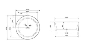 SY-999-150 Arcadia Collection Round Freestanding Bathtub 1500mm x 1500mm x 580mm (Height)