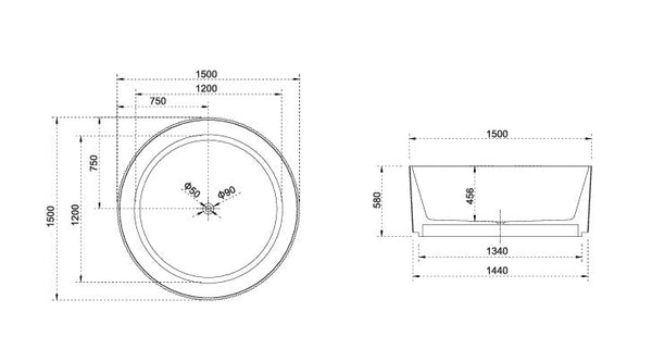 SY-999-150 Arcadia Collection Round Freestanding Bathtub 1500mm x 1500mm x 580mm (Height)