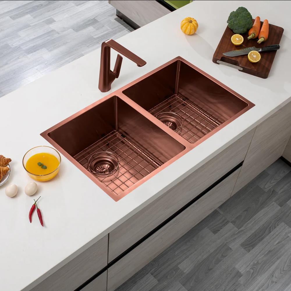 TWM7RG 820X457X230MM ROSE GOLD PVD 1.2MM HANDMADE TOP/UNDERMOUNT DOUBLE BOWLS KITCHEN SINK