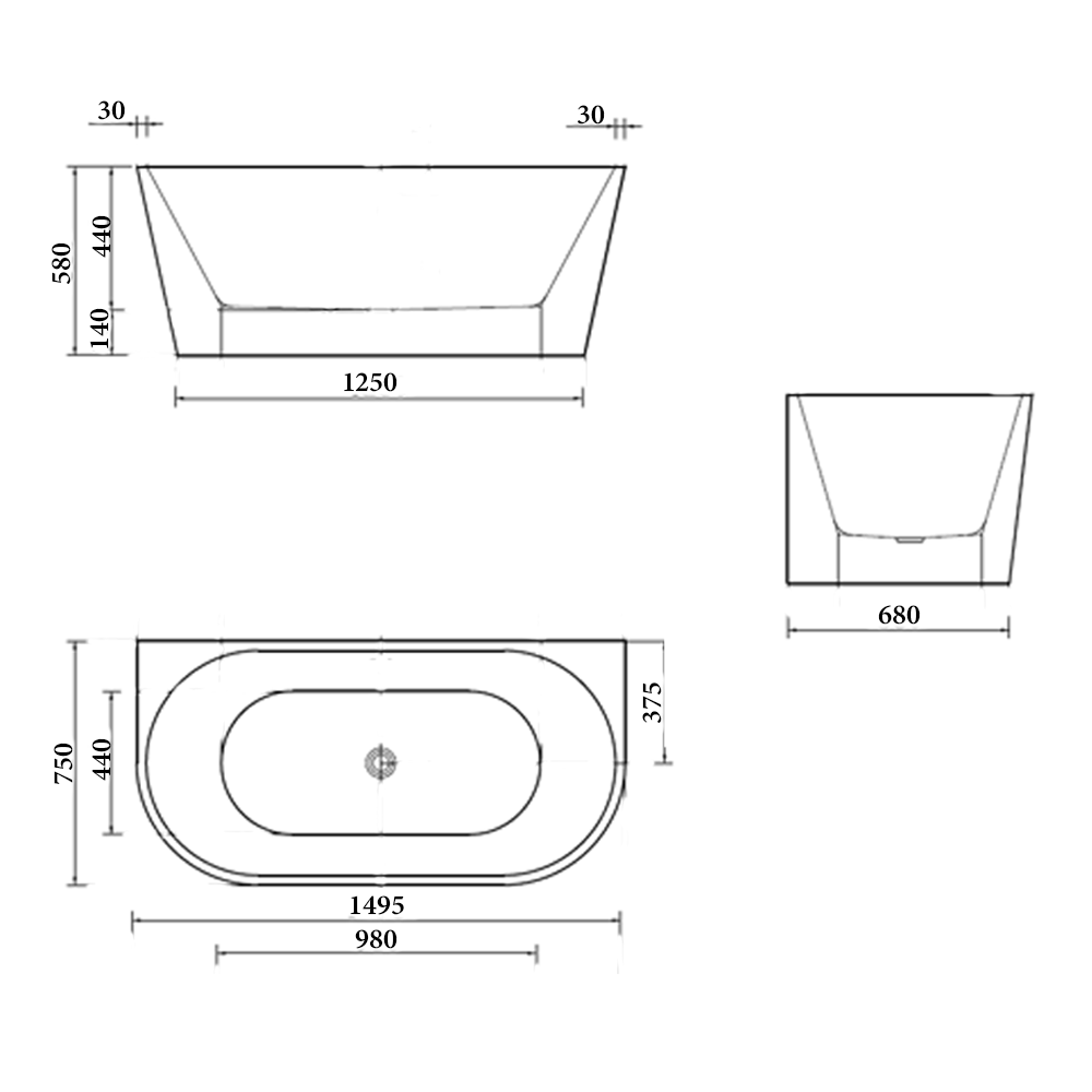 BTS1500 Sorrento Back to Wall Bathtub 1495x750x580mm