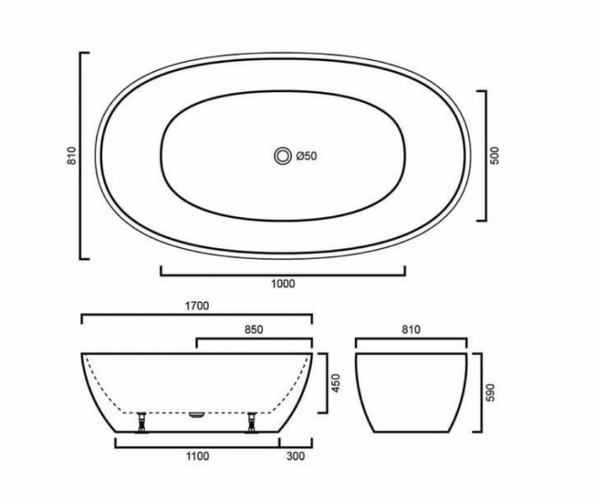 Stella STBT1700MB Free Standing Bathtub Matte Black Inside and Outside 1700*810*590mm