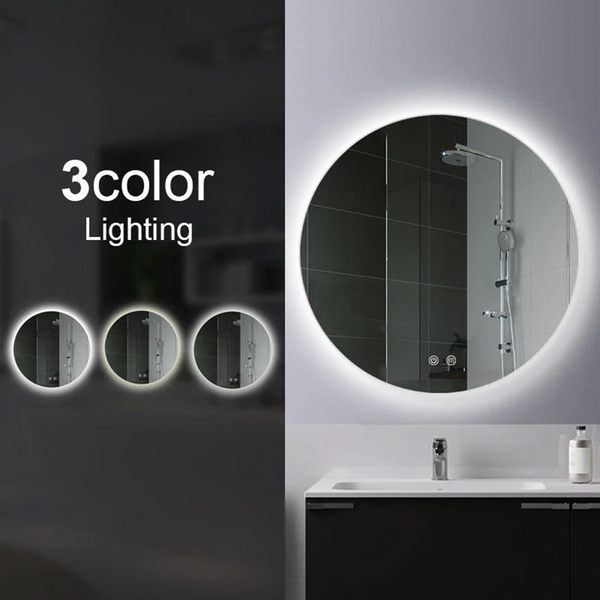 T-600RLM 600MM ROUND 3 COLOR LIGHTING BACKLIT LED MIRROR TOUCH SENSOR SWITCH DEFOGGER PAD WALL MOUNTED - LIGHTING ON THE BACK